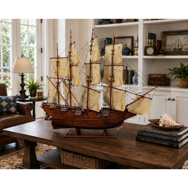 Wood Large Handcrafted Wooden Three-Masted Sailing Ship Model With Cloth Sails For Sale - Image 7 of 12