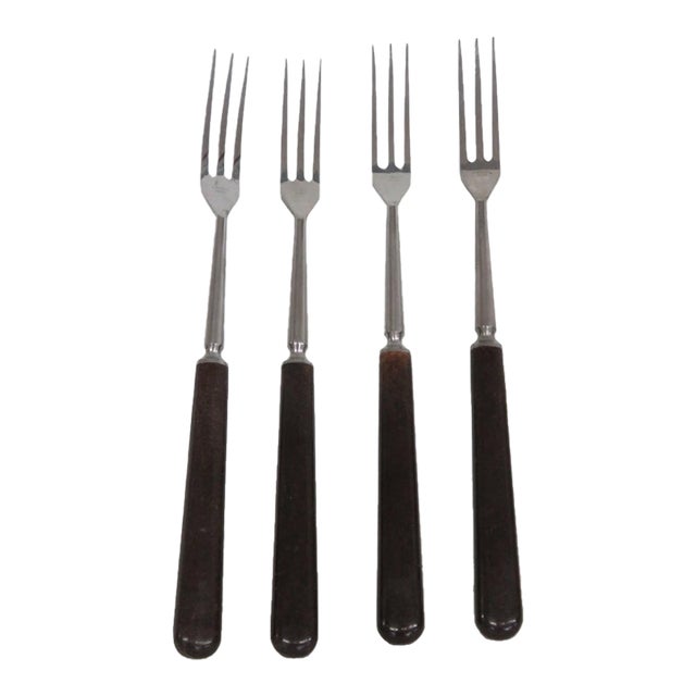 France Inox Mid Century Fondue Serving Forks 4pc Set Brown Wood Handles 5164b For Sale