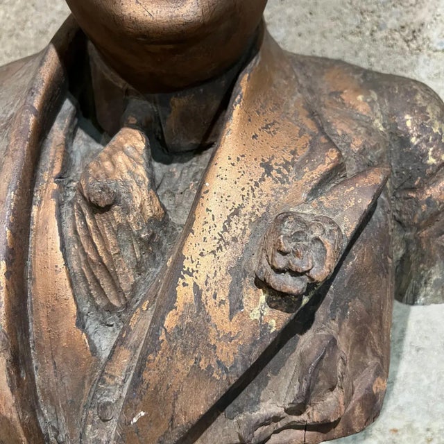 1943 Hand Carved Wood Bust Refined Bespectacled Gentleman Patinated Gold For Sale - Image 4 of 13
