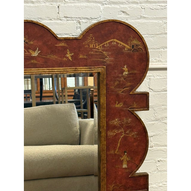 Design Plus Gallery presents a Chinoiserie Lacquer Wall Mirror, Late 20th Century. This scalloped wall mirror is framed in...