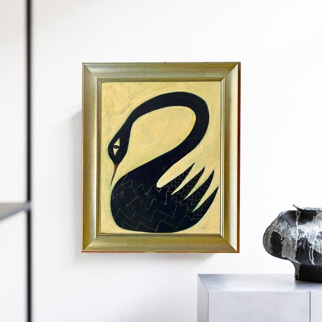 A commanding and deeply elegant original painting featuring a majestic black swan set against a warm golden cream...