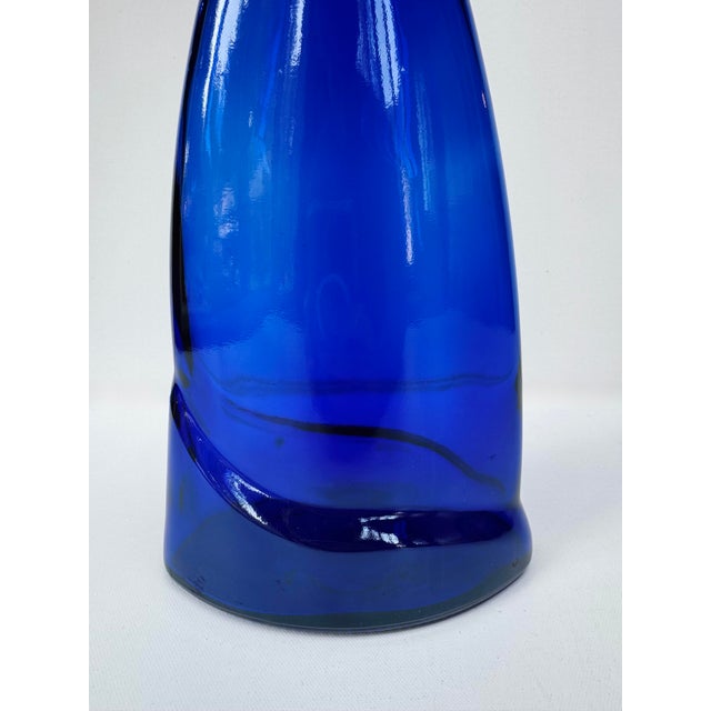 Vintage Cobalt Blue Flattened Glass Bottle Vase 19 Inch For Sale - Image 4 of 9