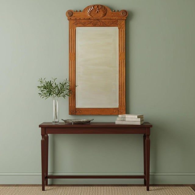 Antique Eastlake Oak Wall Mirror-Carved Crest-1890s-Victorian Hall-Vintage-Entry For Sale - Image 6 of 11