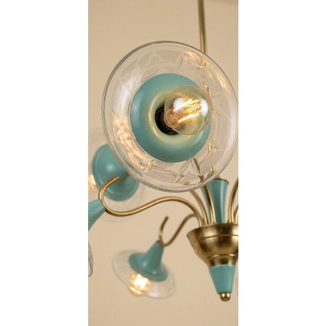 Mid-Century Modern Mid-Century Modern Italian Brass and Turquoise 6-Arm Chandelier With Etched Glass Shades, 1950s For Sale - Image 3 of 5