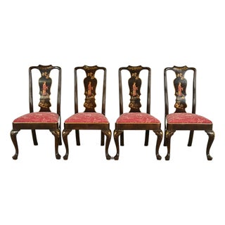 Henredon Chinoiserie Queen Anne Hand Painted Oak and Burl Wood Dining Chairs, Set of Four For Sale
