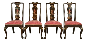 Henredon Chinoiserie Queen Anne Hand Painted Oak and Burl Wood Dining Chairs, Set of Four