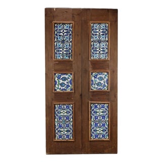 Wooden Door Set With Ten Damascus-Style Pottery Tiles, 20th Century For Sale