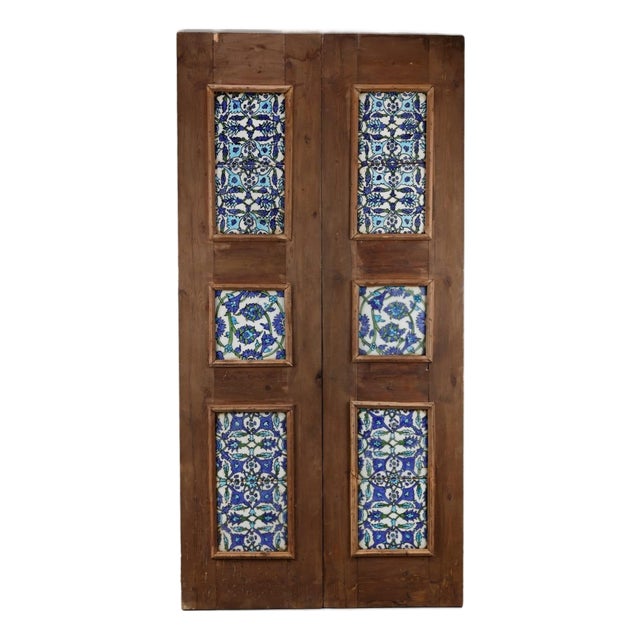 Wooden Door Set With Ten Damascus-Style Pottery Tiles, 20th Century For Sale