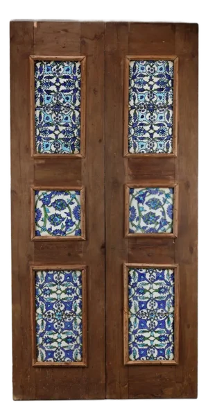 Wooden Door Set With Ten Damascus-Style Pottery Tiles, 20th Century