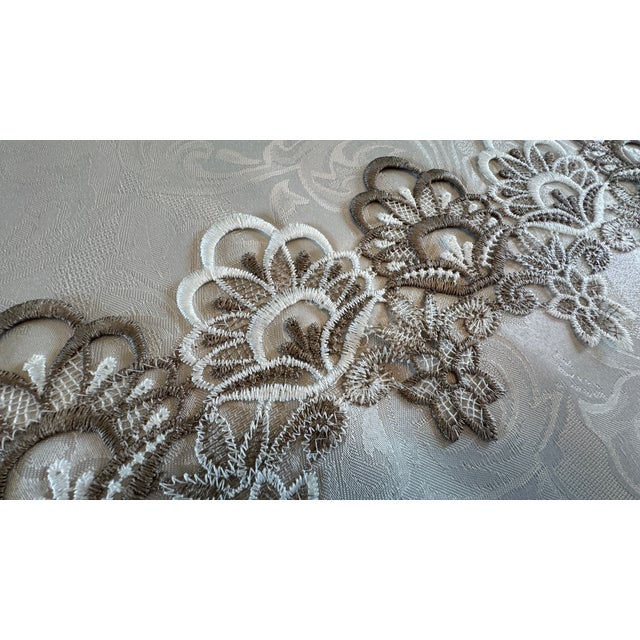 Art Nouveau Vintage LinenTablecloth, Embroidered Applique Lace, Cream and Taupe. On Ivory 18" X 55.5" Pristine For Sale - Image 3 of 17