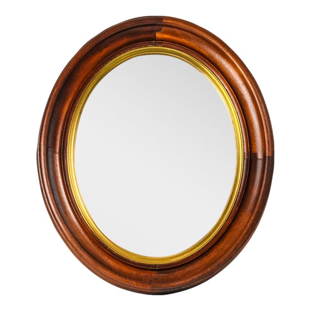 Large Antique Deep Wood Framed Oval Mirror With Gold Accent For Sale