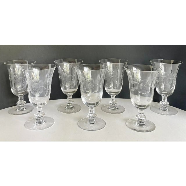1940's Dolly Madison Rose Etched Crystal Glasses by Heisey - Set of 7 For Sale - Image 4 of 12