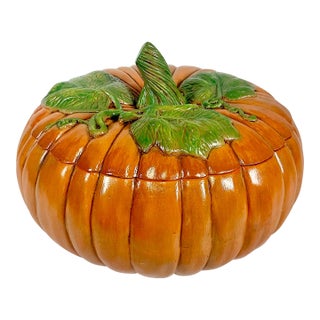 1989 Americana Folk Art Boho Chic Pumpkin Soup Tureen, Halloween & Thanksgiving For Sale