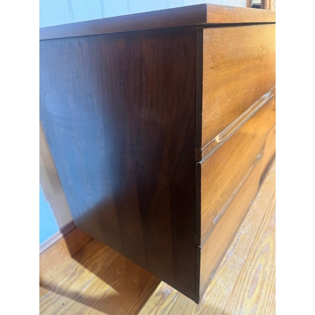 Wood MCM Vintage Walnut Lowboy Dresser With 9 Drawers and Bow Tie Pulls For Sale - Image 7 of 12