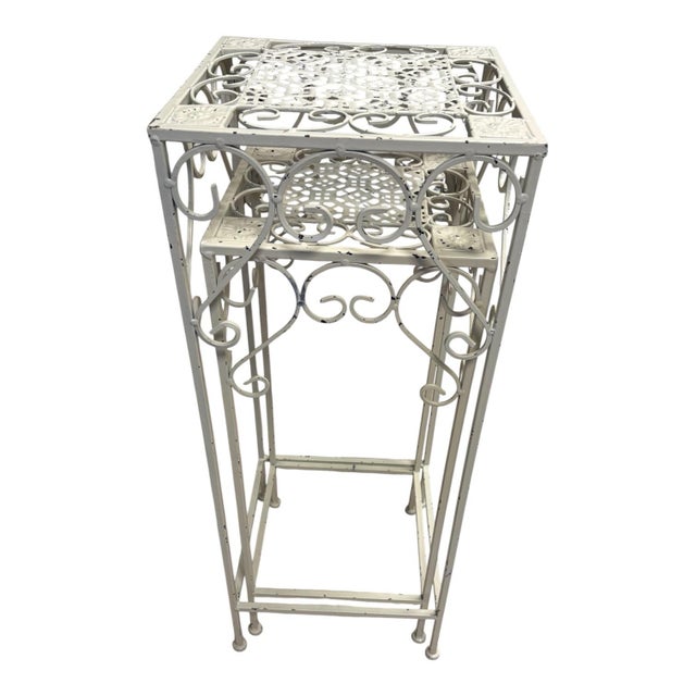 Metal Pair of Vintage Indoor/Outdoor Hollywood Regency Graduated Metal Plant Stands, Distressed Ivory Scrollwork For Sale - Image 7 of 10