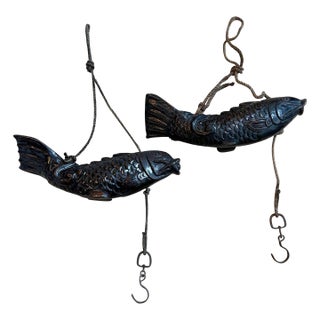 Near Pair of Japanese Jizai Kagi Wood Koi Folk Art Sculptures For Sale