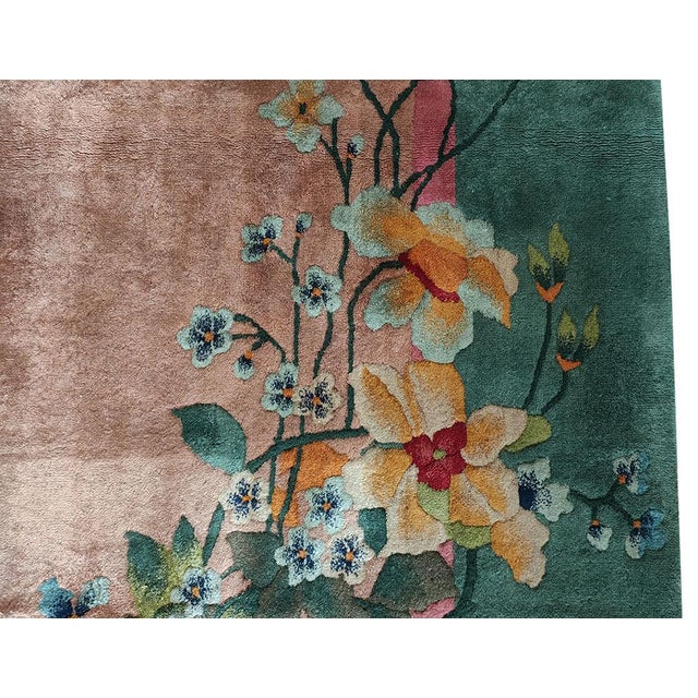 Amber 1920s Antique Chinese Beige Cream Open Field Floral Art Deco Wool Knotted Rug For Sale - Image 8 of 13