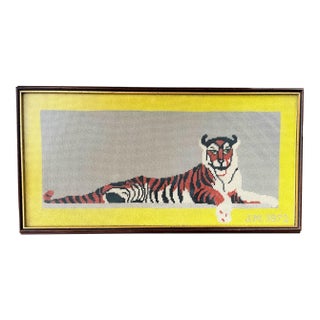 Large 1972 Framed Princeton Tiger Needlepoint on Gray Field With Yellow Border Initialed by Maker For Sale