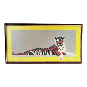 Large 1972 Framed Princeton Tiger Needlepoint on Gray Field With Yellow Border Initialed by Maker