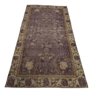 1970s Floral Design Art Deco Purple Oushak Accent Rug For Sale