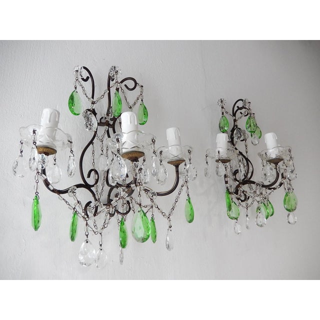 1920s Italian Rococo Green Crystal Prisms 3 Light Sconces - a Pair For Sale - Image 9 of 11