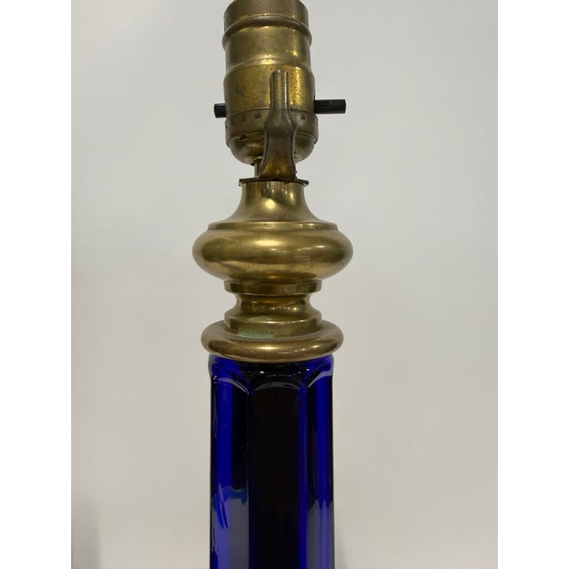 Mid 20th Century Pair of Vaughan Cobalt Blue Glass and Brass Column Lamps For Sale - Image 5 of 7