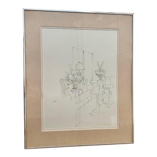 Vintage Framed Lithograph of Room Interior, Signed For Sale