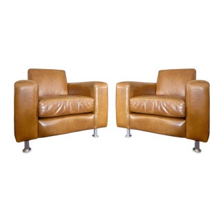 Organic Modern Caramel Leather Club Chairs, a Pair For Sale