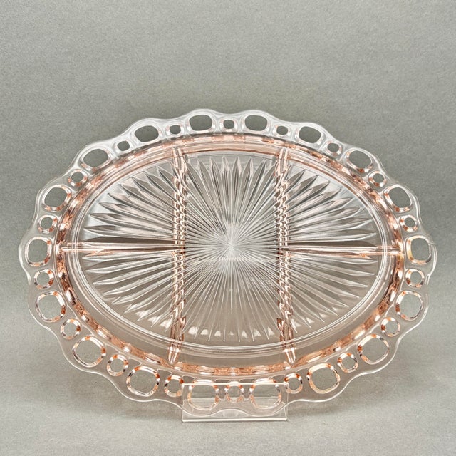 Pink Vintage Pink Anchor Hocking “Old Colony” Open Lace 5-Part Divided Relish Dish Platter For Sale - Image 8 of 8