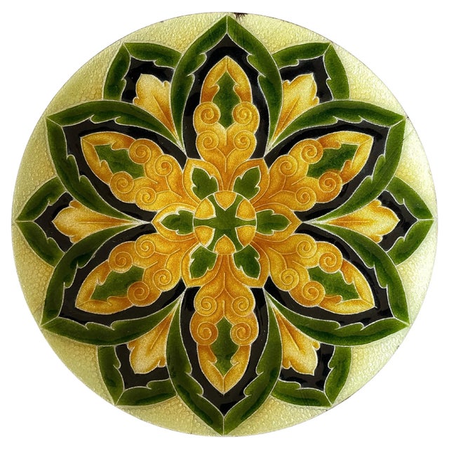 Metal Mid 20th Century Italian Green & Gold Mandala Enameled Copper Round Vide Poche Tray For Sale - Image 7 of 7
