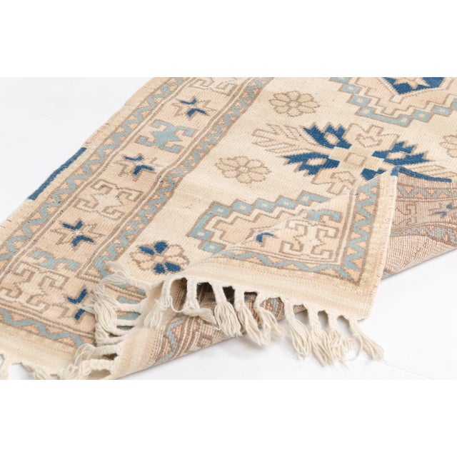 Blue and Cream Turkish Vintage Rug For Sale - Image 4 of 10