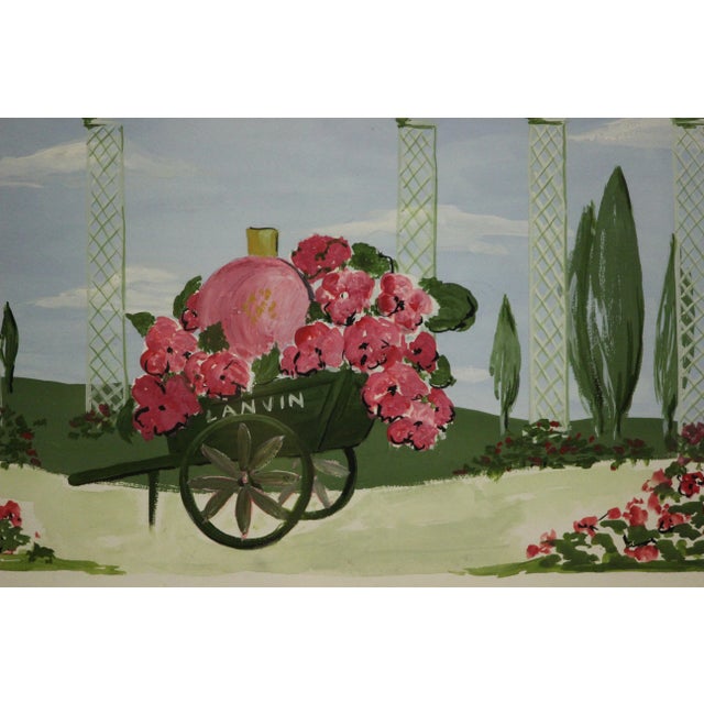 Stylish advertising artwork promoting Lanvin's perfume 'Spanish Geranium' featuring a flower cart in front of trellis...