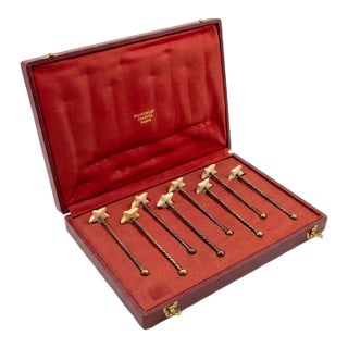 1920s Exceptional Leather Incased Set of Eight Solid French Silver Puiforcat Cocktail/Champagne Stirs For Sale