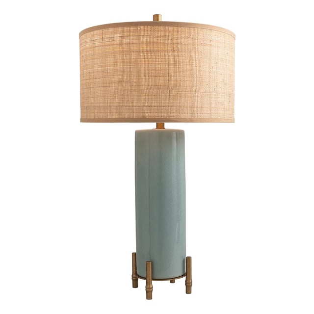 Boca Celadon Bamboo Foot Lamp with Raffia Shade For Sale