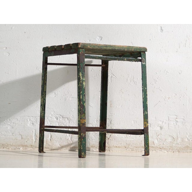 Antique Industrial Stool in Pine Wood and Iron, Central Europe, 1950 For Sale - Image 4 of 7