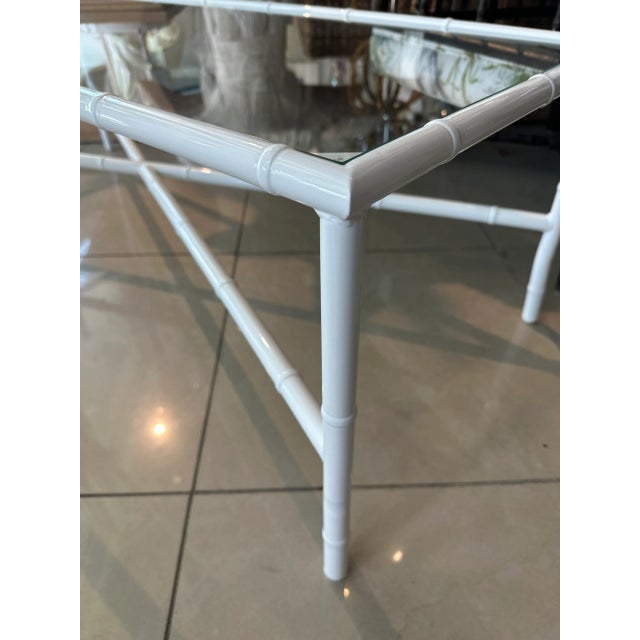 Hollywood Regency Vintage Faux Bamboo Patio Outdoor Metal Newly Powder-Coated White Coffee Cocktail Table For Sale - Image 3 of 12
