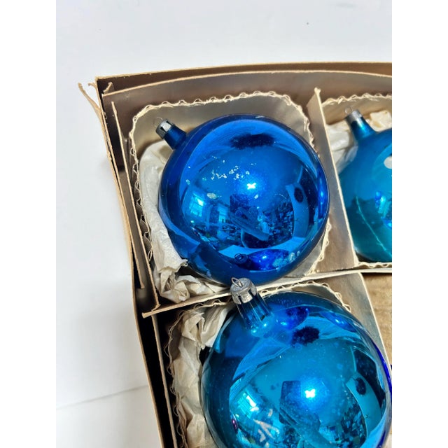 Mid-Century Modern Vintage Large Kugel Style Mercury Glass Christmas Ornaments – Blue Teal Tones – Set of 6 For Sale - Image 3 of 12
