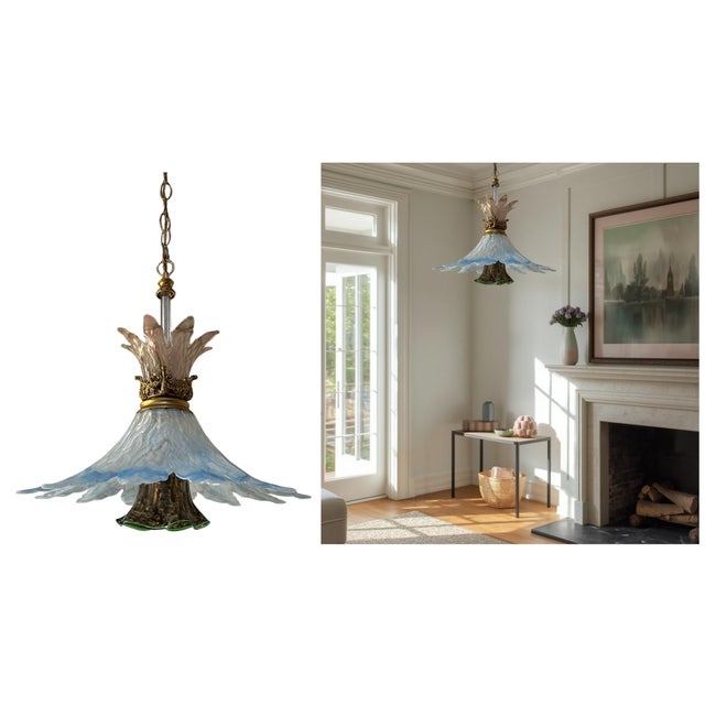 Vintage 3 Tiered Murano Art Glass 20 In. Wide Abstract Clematis Petal Pendant Lamp For Sale - Image 16 of 18