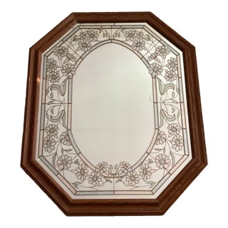 Vintage Windsor Art Octagonal Wall Mirror Color Etched Floral Glass,Wood Frame For Sale