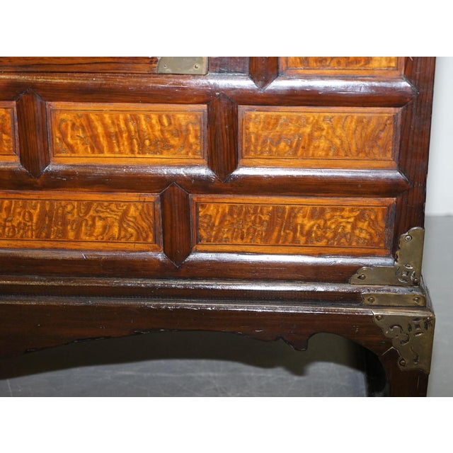 Antique Chinese Burr Elm & Brass Engraved Sideboard For Sale - Image 13 of 18