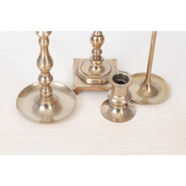 Set of 4 Vintage Assorted Brass Candlestick Holders For Sale - Image 9 of 14
