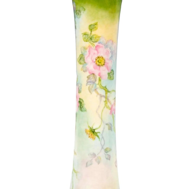 Kelly Green Antique Hand-Painted & Gilt Decorated Tall Porcelain Rose Vase / Belleek Willets For Sale - Image 8 of 11