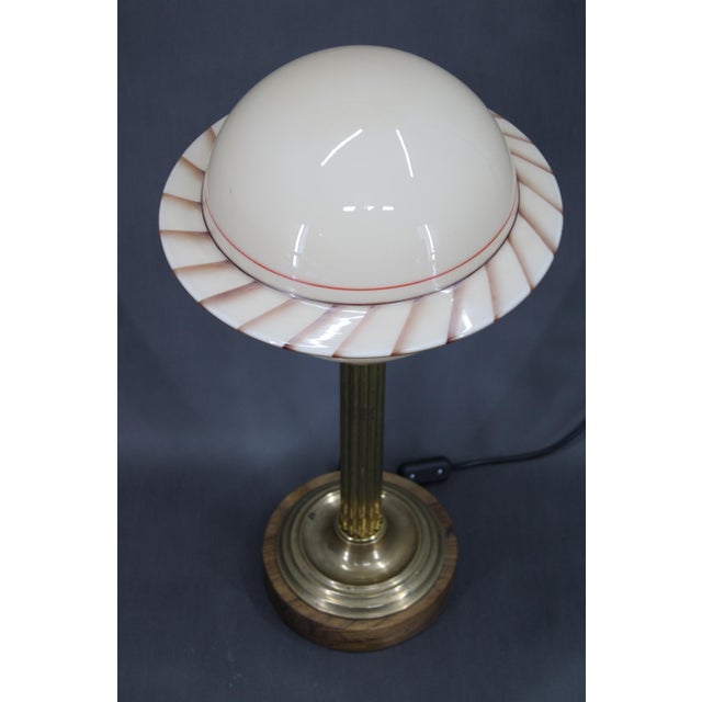 Brass Table Lamp with Wooden Base and Glass Shade, 1940s For Sale - Image 3 of 9