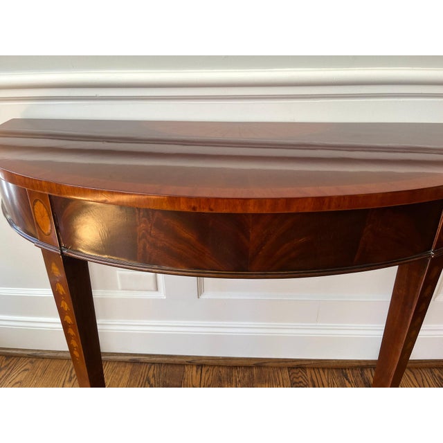 Wood Mid 20th Century Pair of Inlaid Demilune Hepplewhite-Style Console Tables For Sale - Image 7 of 9