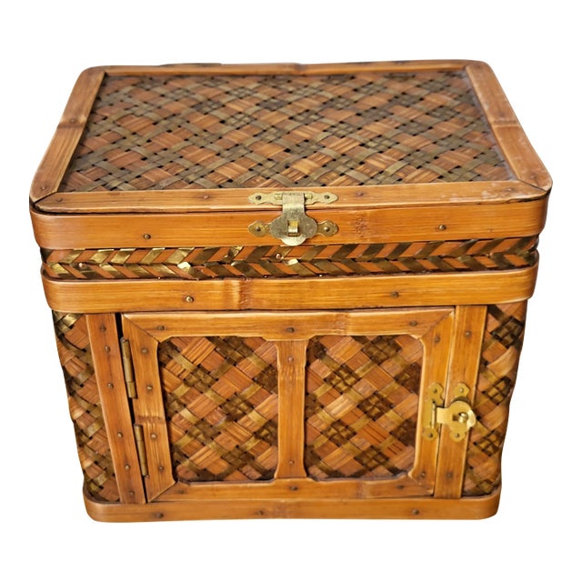 1980s Artisan Bamboo Brass Woven Storage Container For Sale