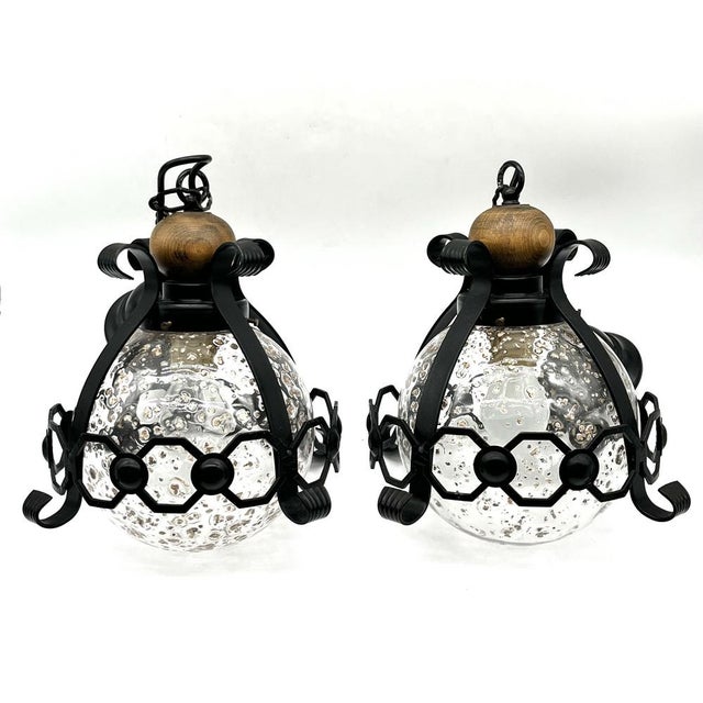 Mid-Century Modern Mid-Century Murano Cage Lamps in Bullicante Glass with 24k Gold Dust and Wrought Iron from Seguso, 1960s, Set of 2 For Sale - Image 3 of 18