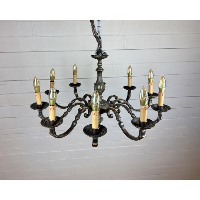 Vintage Baroque Style 10-Arm Brass Chandelier, 1950s For Sale - Image 6 of 10