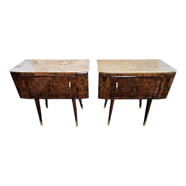 Mid-Century Modern Italian Wooden Nightstands with Marble Top, 1950s, Set of 2 For Sale