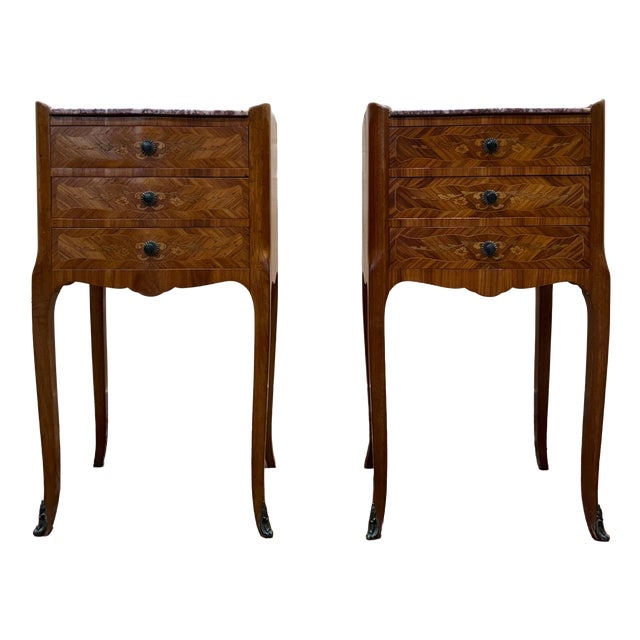 Louis XV Style Marquetry Bedside Tables, 1950s, Set of 2 For Sale