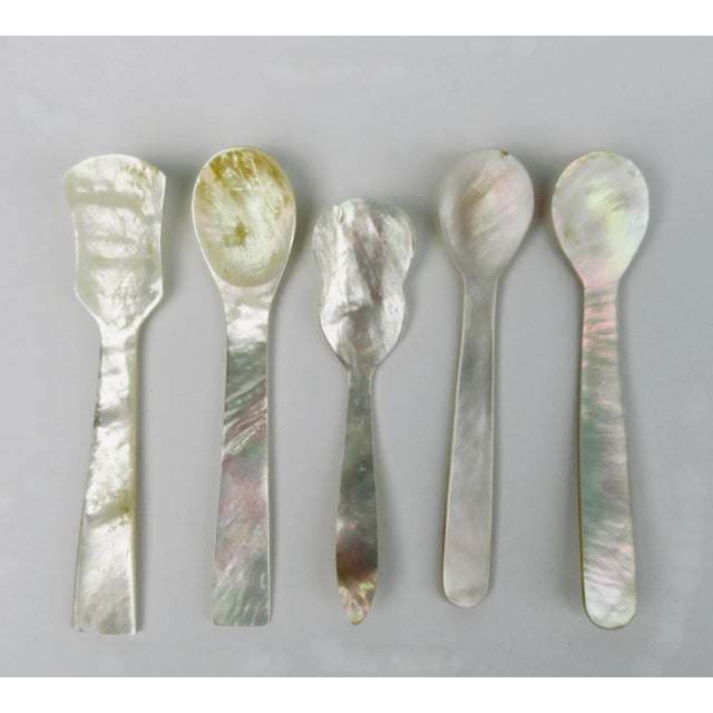 Vintage; Set of 5, Mother of Pearl, carved and honed caviar, pate' server spoon set, with 3 different, varied and unique...